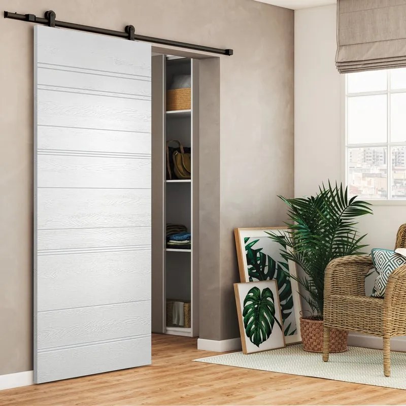 Porta scorrevole reversibile Mast Incisa in mdf bianco, L 93 x H 212 cm, con binario Loft nero