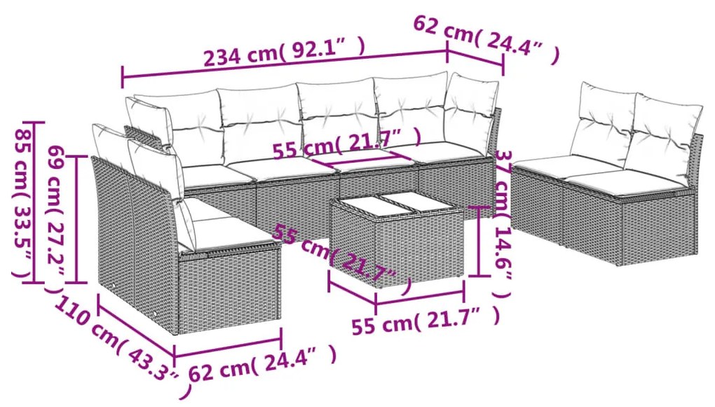 Set divano da giardino 9 pz con cuscini grigio in polyrattan