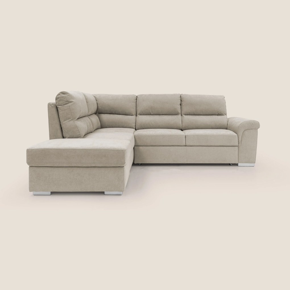 Minerva divano angolare con estraibile a cassettone e pouf contenitore in tessuto morbido impermeabile T02 panna