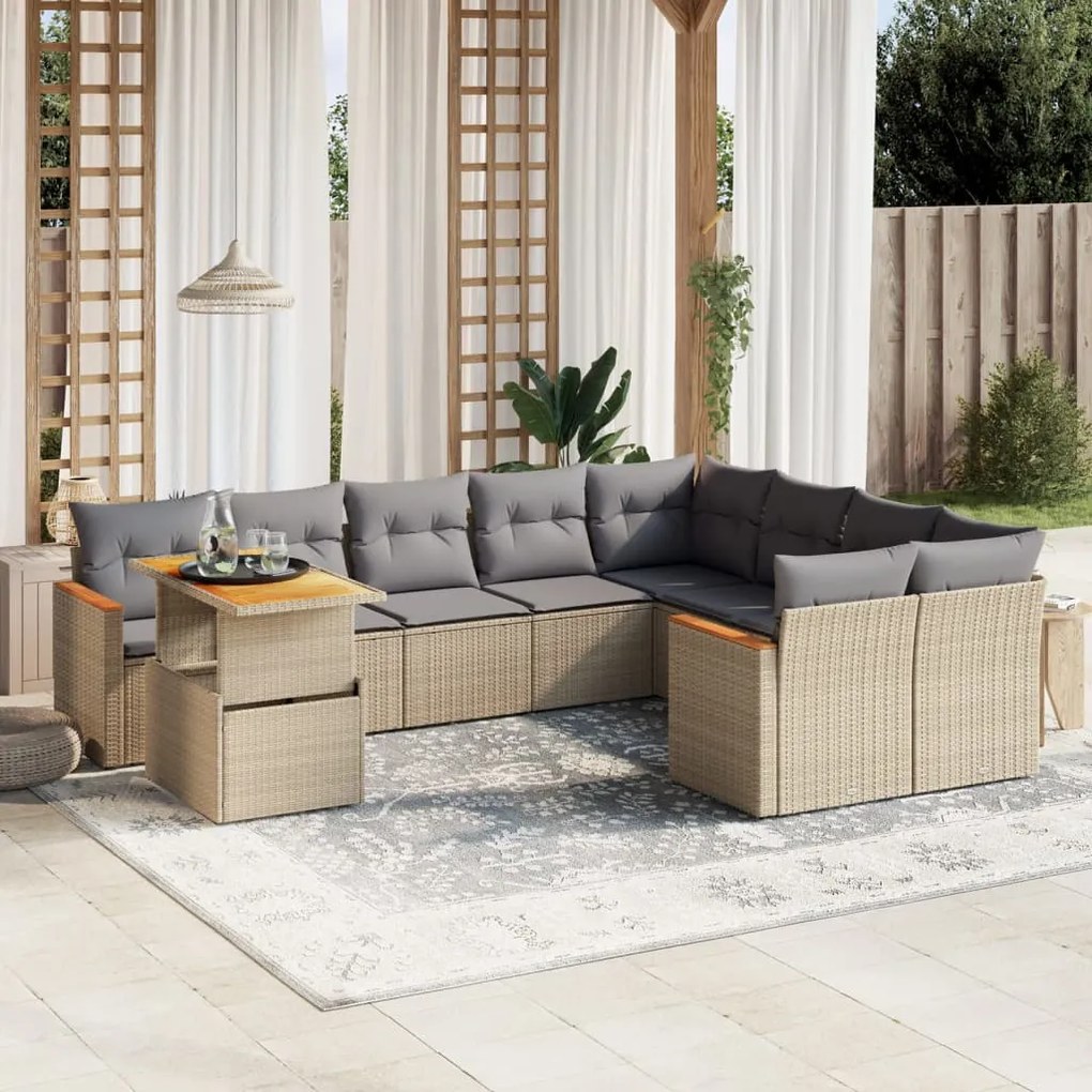 Set divano da giardino 10 pz con cuscini beige in polyrattan