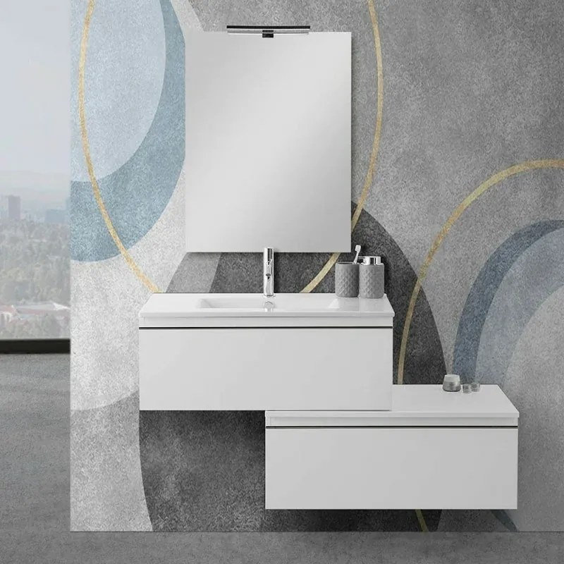 Mobile sospeso 80 cm bianco lucido doppia base lavabo e specchio Iside