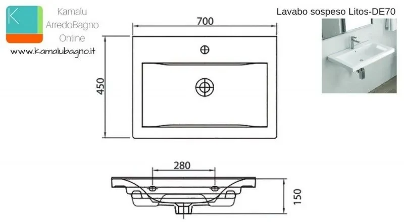 Lavandino piccolo bagno 46 cm con foro miscelatore a destra Litos