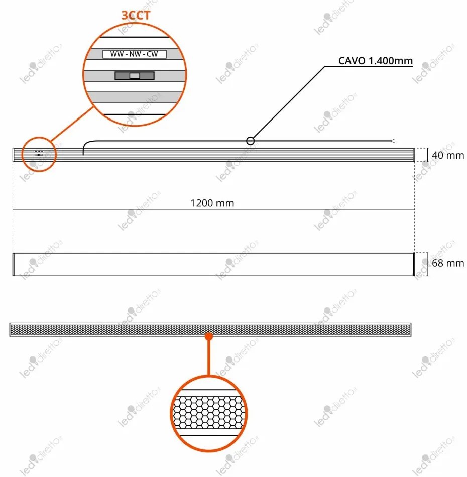 Lampada LED Sospesa 40W 120cm, UGR11, DALI2 con driver Philips Bianca o nera Colore Bianco Variabile CCT, Colore del corpo Nero