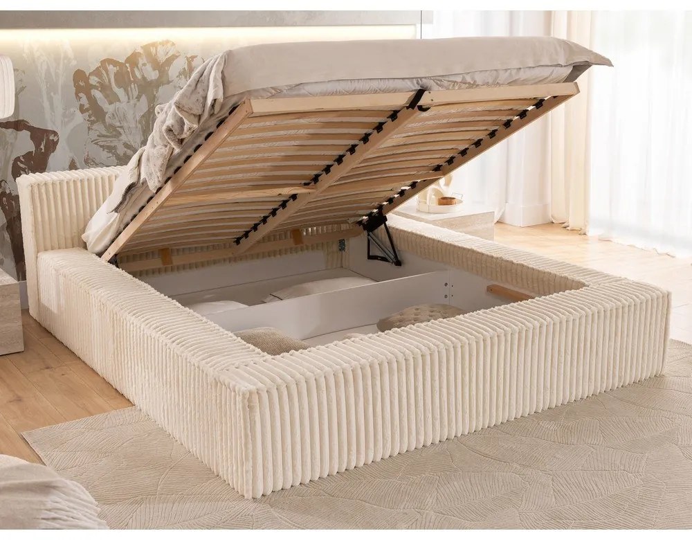 Letto matrimoniale imbottito beige con contenitore e rete inclusi 180x200 cm Cloe – Ropez