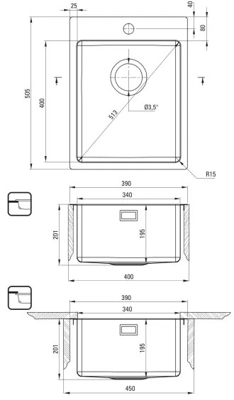 Deante ZPO_010E - Lavello della cucina OLFATO 50,5x39 cm pettinato acciaio