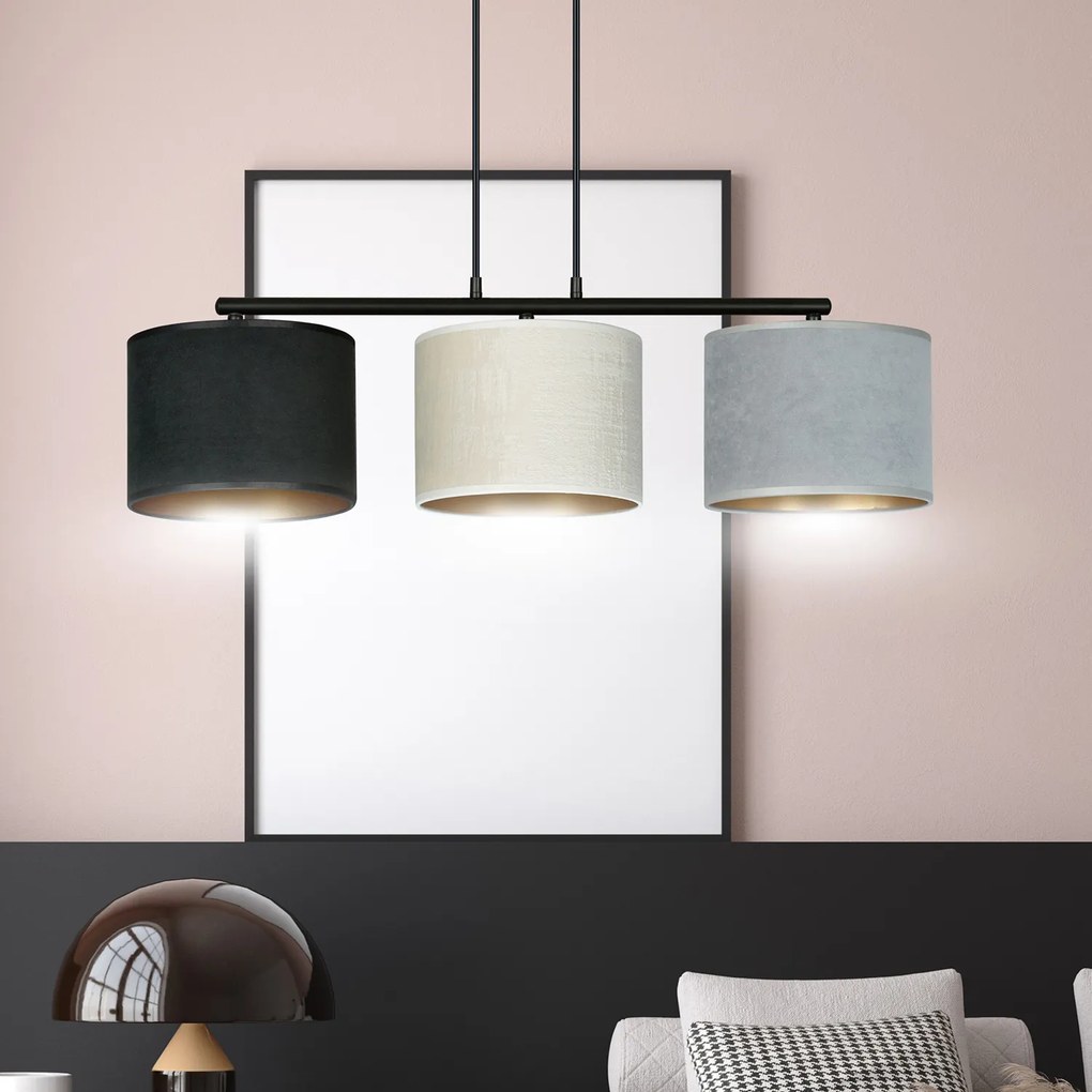 Lampadario 3 Luci Ganesha In Acciaio Nero E Paralumi In Tessuto Multicolore