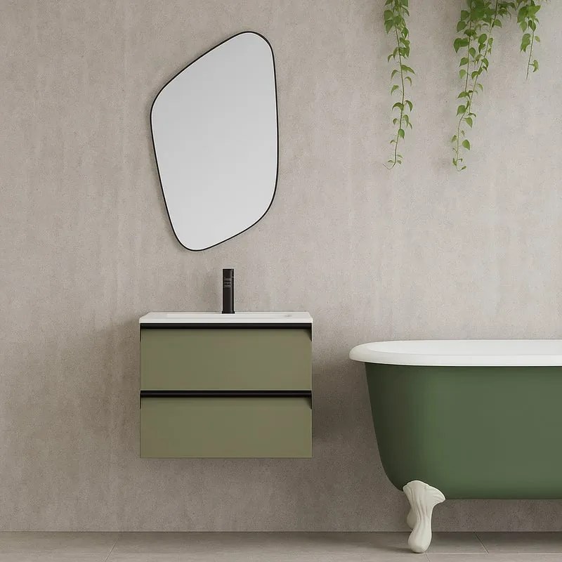 Mobile da bagno sospeso sotto lavabo L 59.5 x H 40 x P 45.5 cm verde salvia laccato opaco, 2 cassetti Fusion