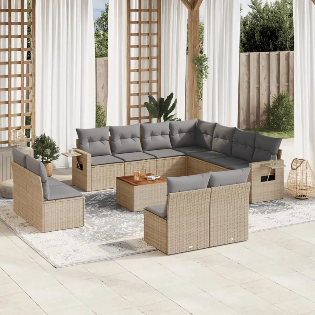 Set divani da giardino 12 pz con cuscini beige in polyrattan