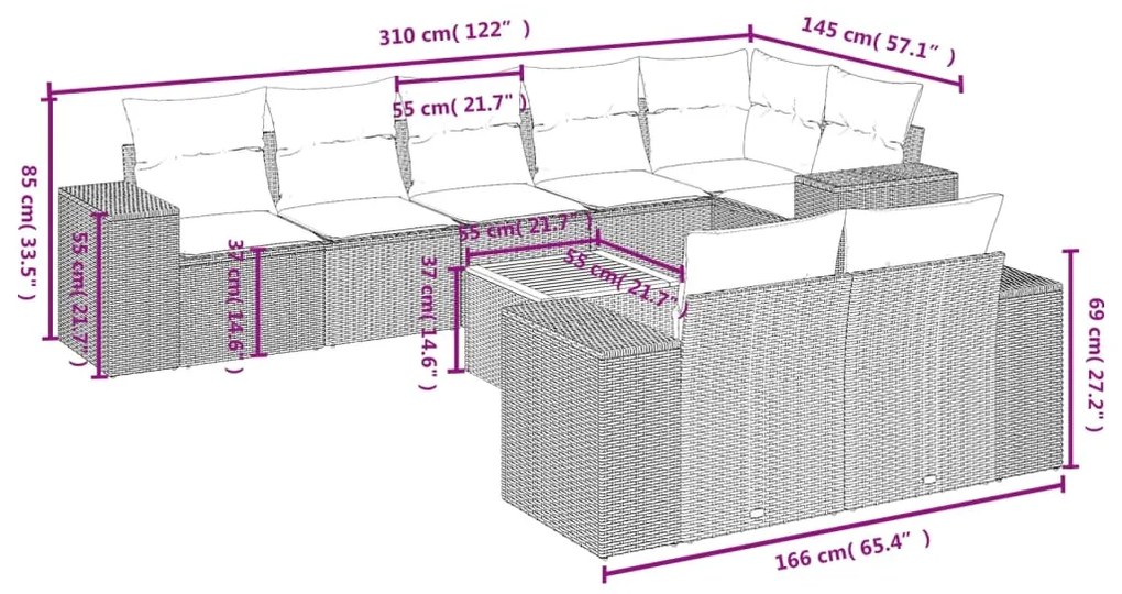 Set divani da giardino 9 pz con cuscini nero in polyrattan