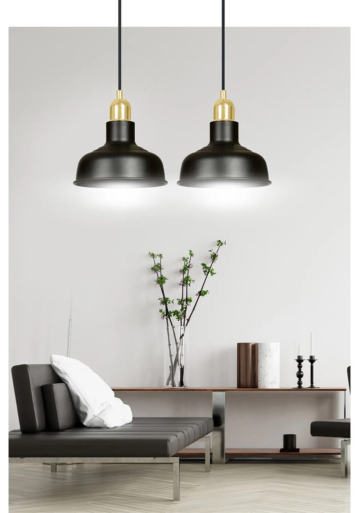 Lampadario Industrial 2 Luci Kubera In Acciaio Nero Con Elementi In Oro