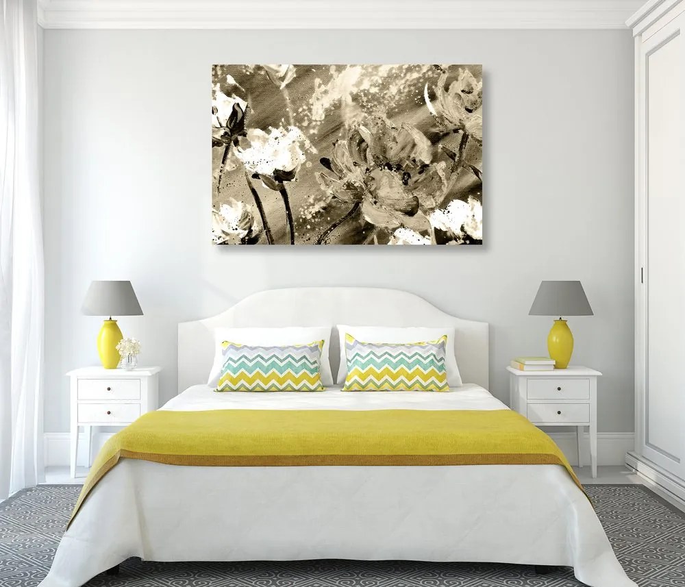 Quadro su tela – Fiori dipinti in versione seppia