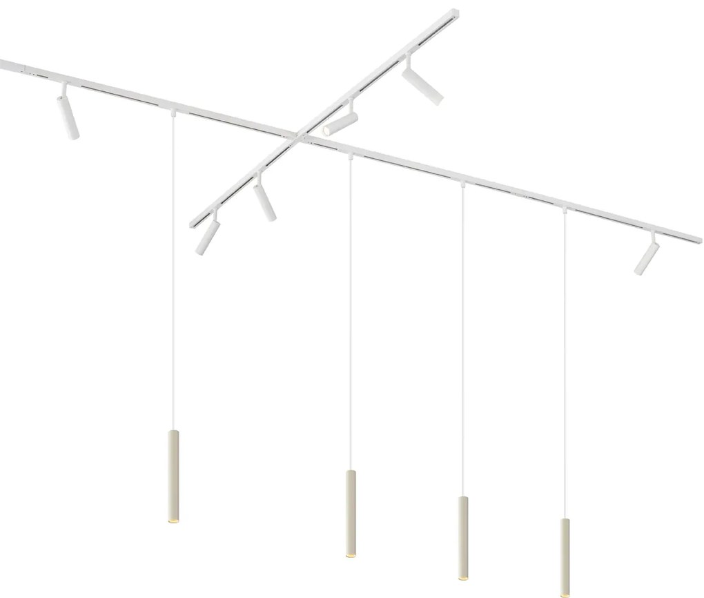 Sistema di illuminazione su binario moderno con 6 faretti e 4 luci a sospensione beige e bianche monofase - Slimline Uzzy Keno