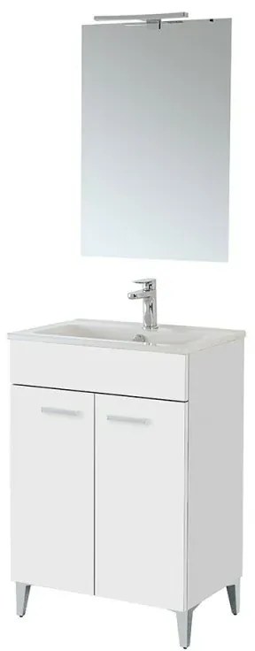 Mobile bagno a terra 60 cm bianco lucido con 2 ante lavabo e specchio Martha