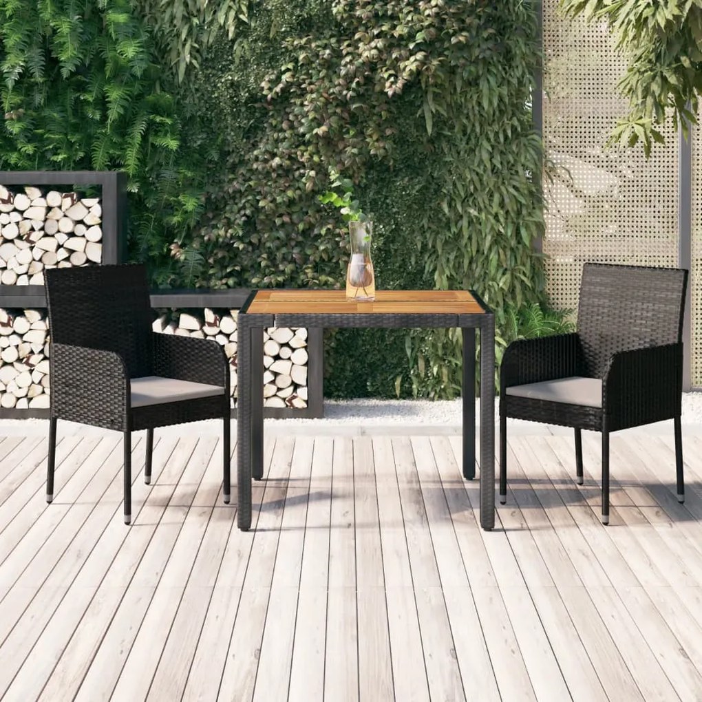 Set Da Pranzo Da Giardino 3 Pz Con Cuscini Nero İn Polyrattan /