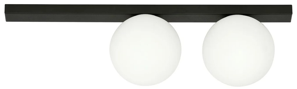 Plafoniera Moderna 2 Luci Giapeto Barra In Acciaio Nero E Sfere Di Vetro Opale