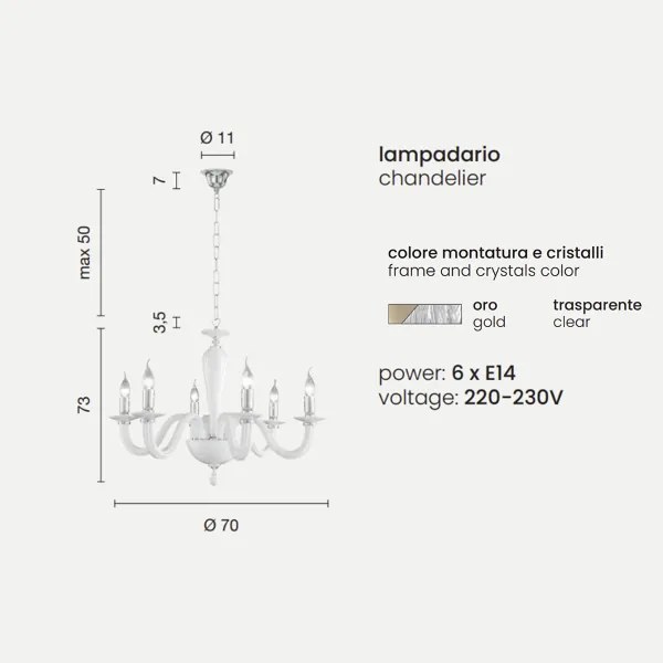 Lampada a sospensione D70 cm RAVEL 6 luci in vetro lavorato a mano ORO