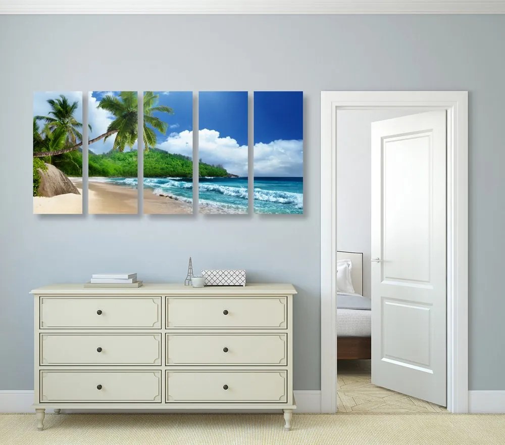 Quadri 5 pezzi – Spiaggia meravigliosa sull'isola di Seychelles