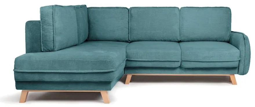Divano angolare turchese allungabile (con penisola a sinistra) con rivestimento in velluto a coste Tori – Bonami Selection