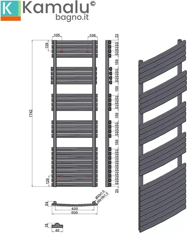 Scalda bagno termoarredo 174x50 con tubi piatti modello Kam-372 - KAMALU