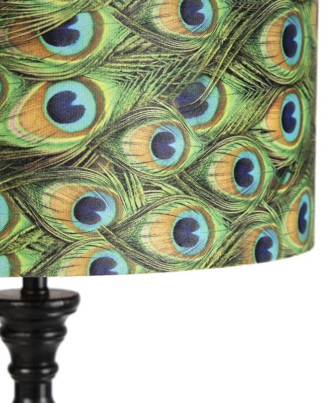 Lampada da terra nera con paralume in velluto pavone oro 50 cm - Classico