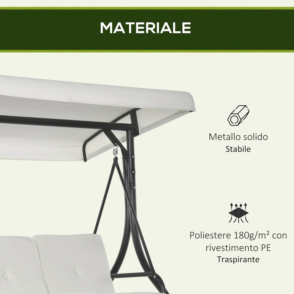 Dondolo Letto da Giardino 3 Posti con Tettuccio Regolabile 195x117x175 cm in Acciaio e Poliestere Crema e Nero...