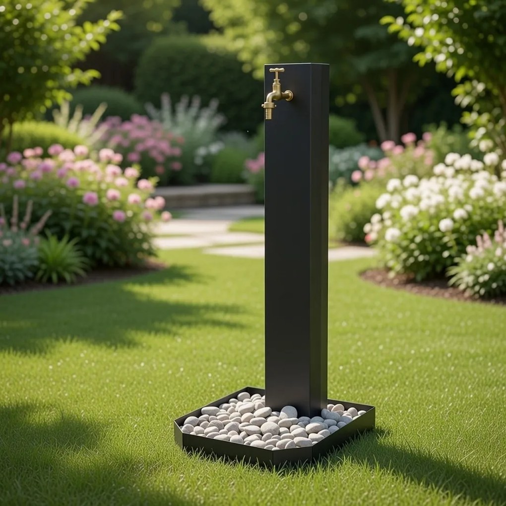 Fontana da Giardino Design a Colonna Ovale Rubinetto in Ottone e Base con Ciottoli Antracite...