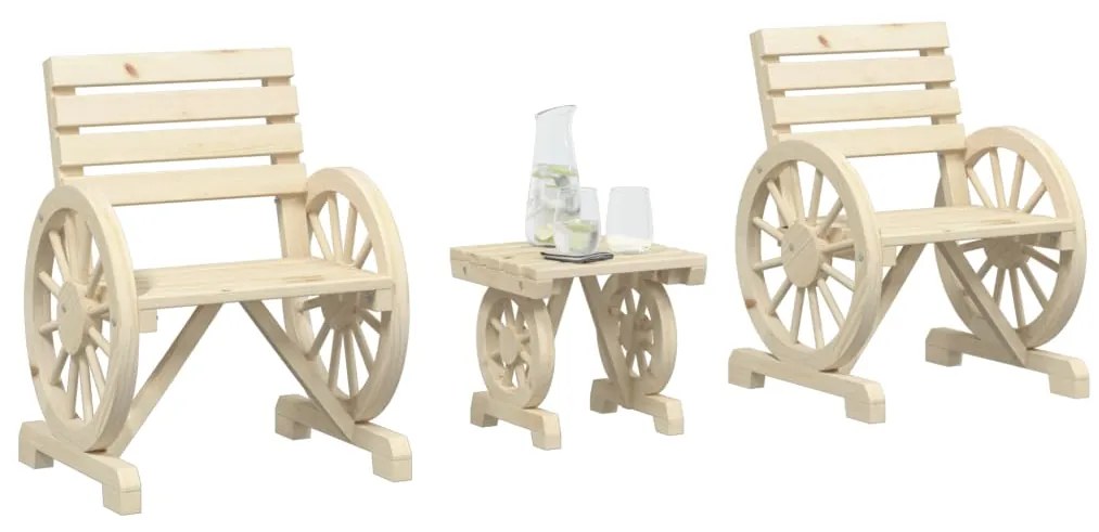 Set Salotto Da Giardino 3 Pz İn Legno Massello Di Abete /
