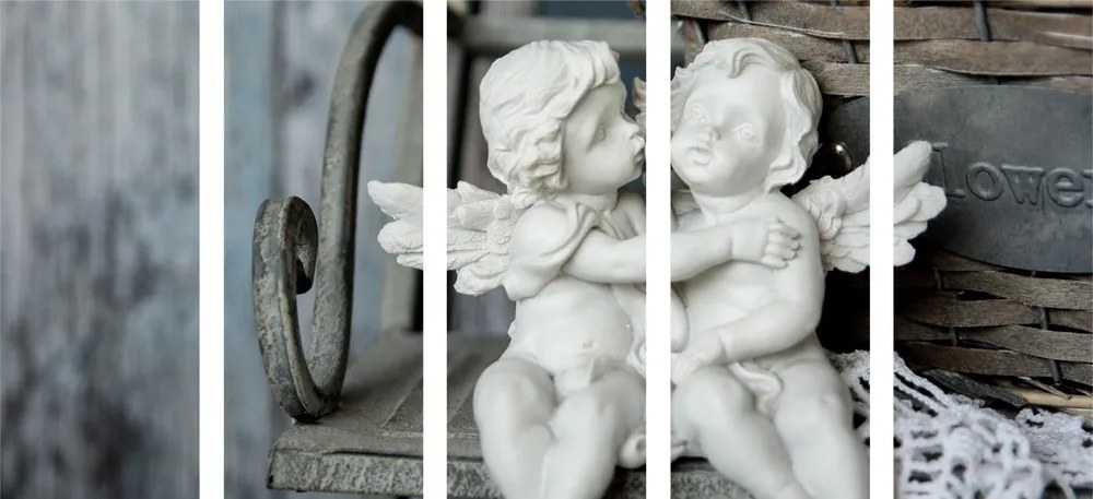Quadri 5 pezzi – Statuette di angeli su una panchina