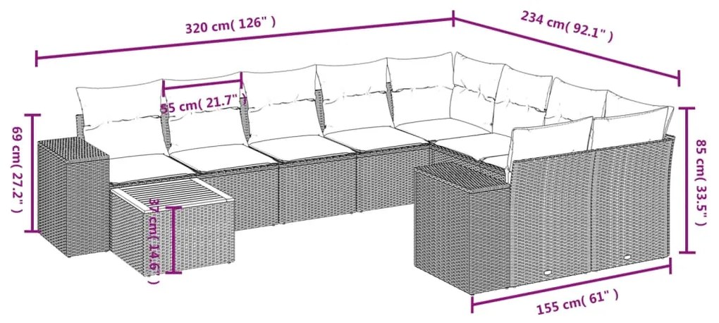 Set divani da giardino 10pz con cuscini in polyrattan nero