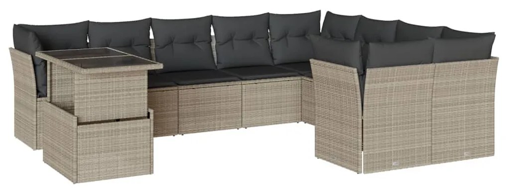 Set divano giardino 10 pz con cuscini grigio chiaro polyrattan