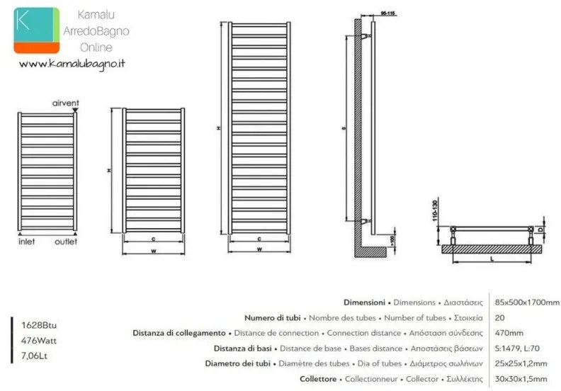 Kamalu - termoarredo bagno 1700x500m nero opaco modello kam-378n