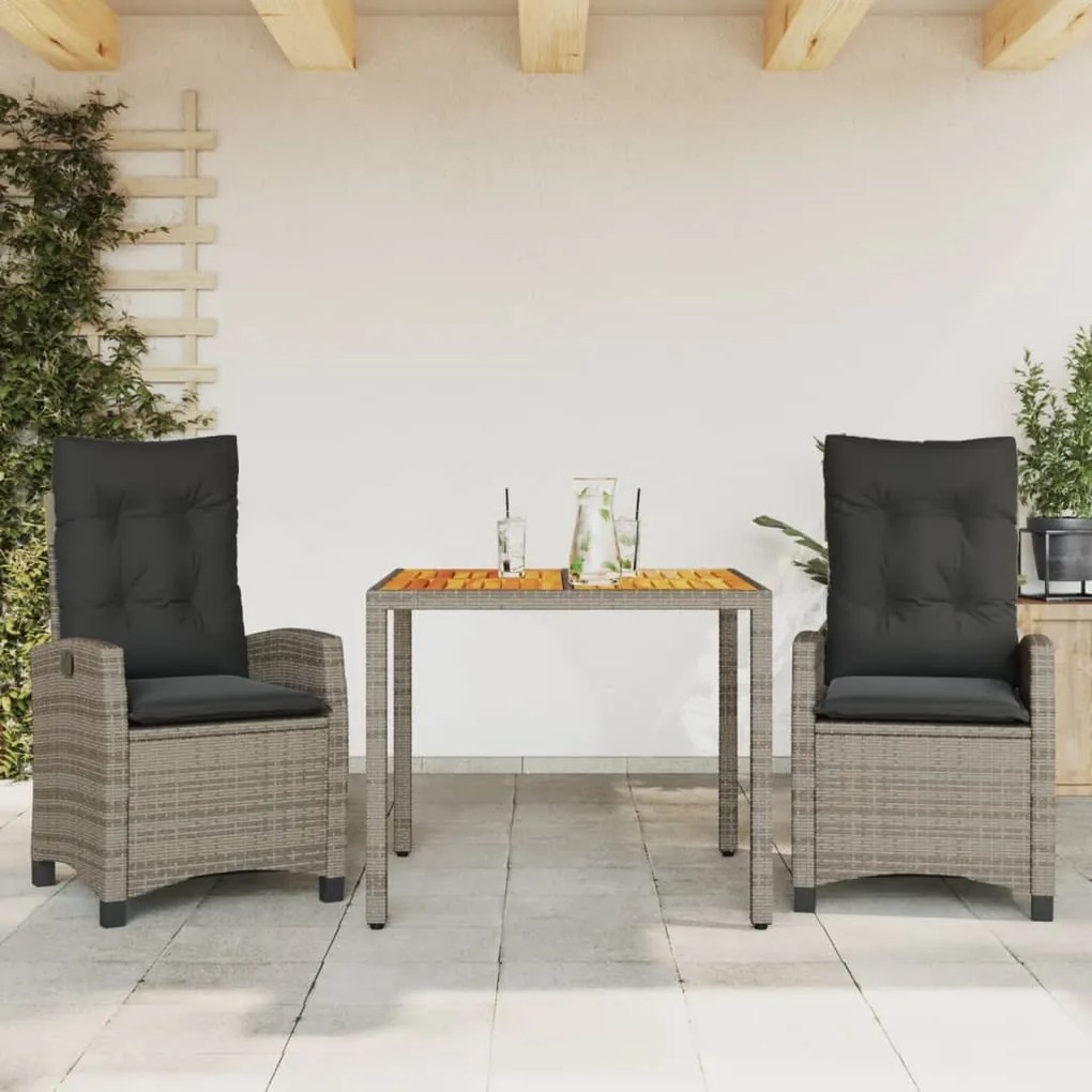 Set Da Pranzo Da Giardino 3 Pz Con Cuscini İn Polyrattan Grigio /