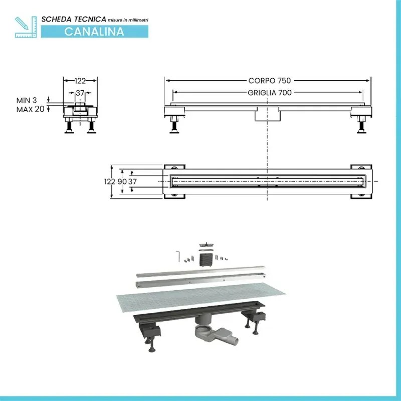 Canalina doccia 70 cm in alluminio reversibile scarico centrale, sifone e piletta inclusi