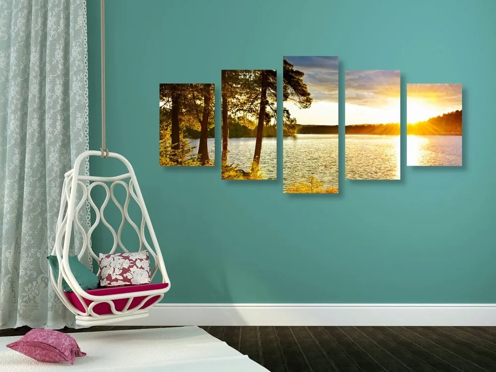 Quadri 5 pezzi – Tramonto sul lago
