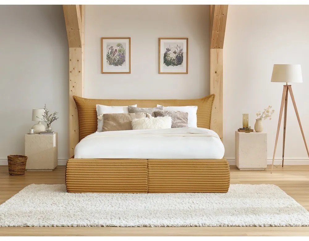 Letto matrimoniale giallo imbottito con spazio contenitivo con griglia inclusa 160x200 cm Jade – Bobochic Paris