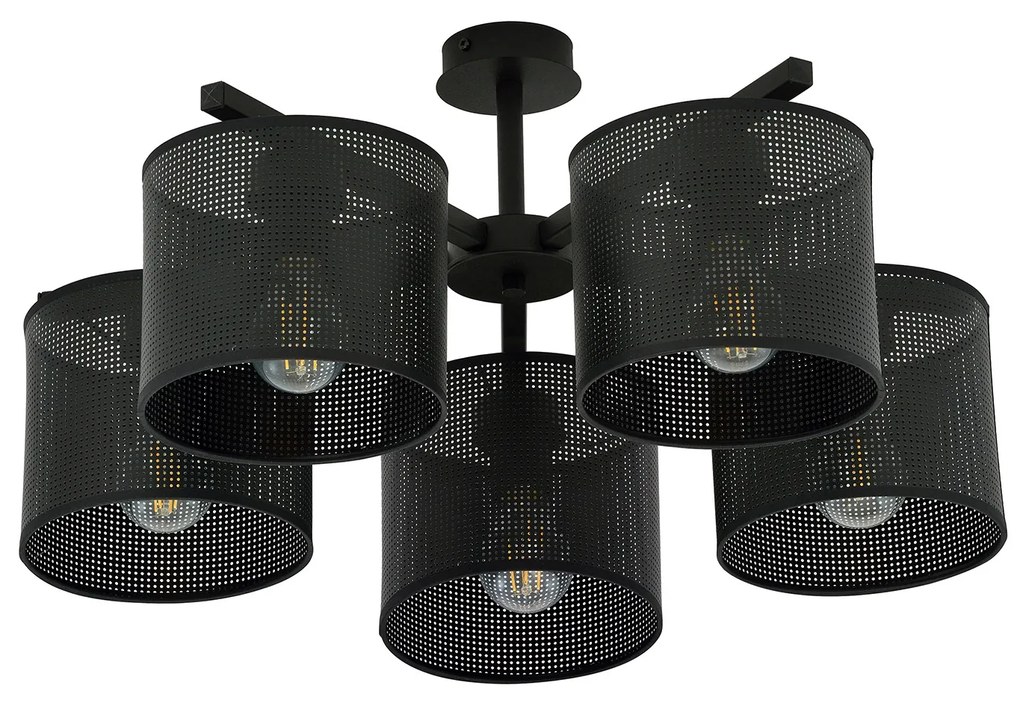 Plafoniera Industrial 5 Luci Cigno In Acciaio Nero E Paralumi A Cilindro