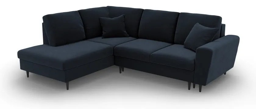 Divano angolare blu scuro allungabile e con contenitore (con penisola a sinistra/a L) con rivestimento in velluto Kyoto – Cosmopolitan Design
