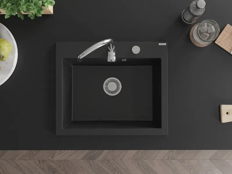 Mexen Elix lavello in granito a 1 vasca 600 x 500 mm, nero, sifone cromato - 6525601005-77