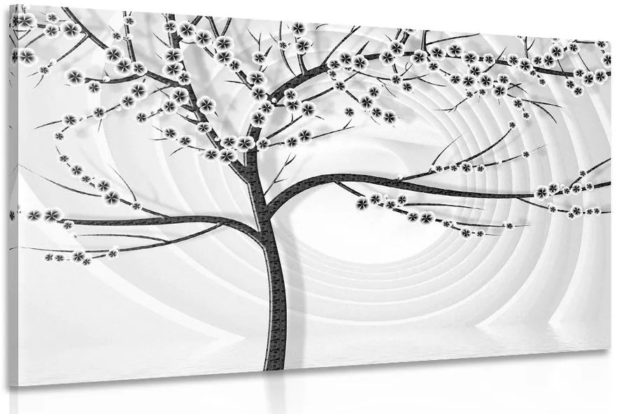 Stampa su tela – Albero moderno in bianco e nero su sfondo astratto