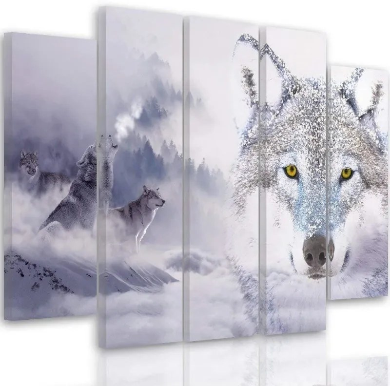 Quadri Quadro 5 pezzi Stampa su tela Wolf Fog Forest Grey  Dimensioni 150x100