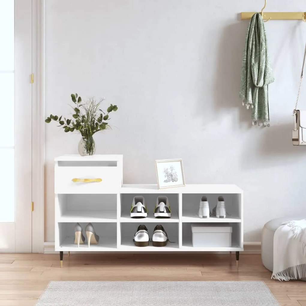 Scarpiera Bianco Lucido 102x36x60 Cm İn Legno Multistrato /