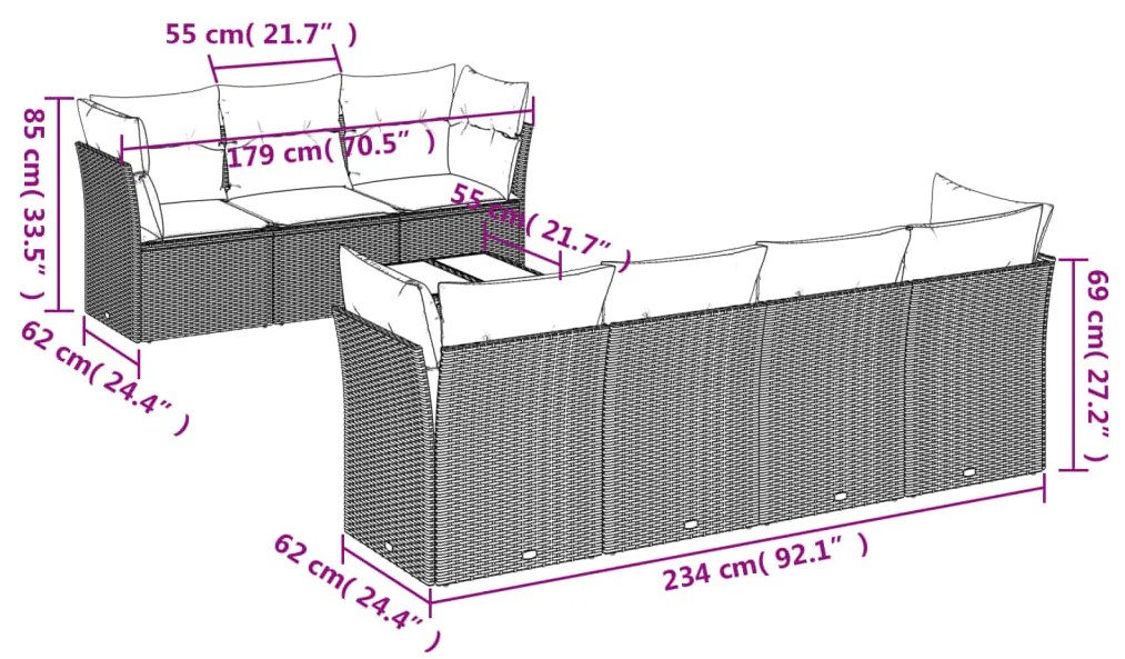 Set divano da giardino 8pz con cuscini grigio chiaro polyrattan