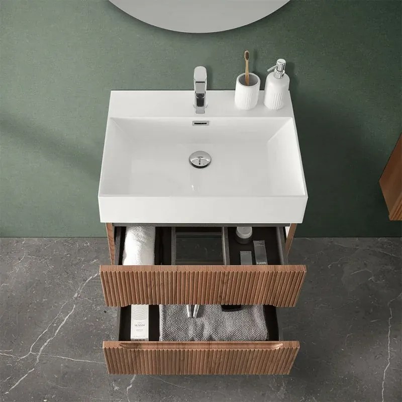 Mobile bagno sospeso cannettato 60 cm noce canaletto con specchio Bali