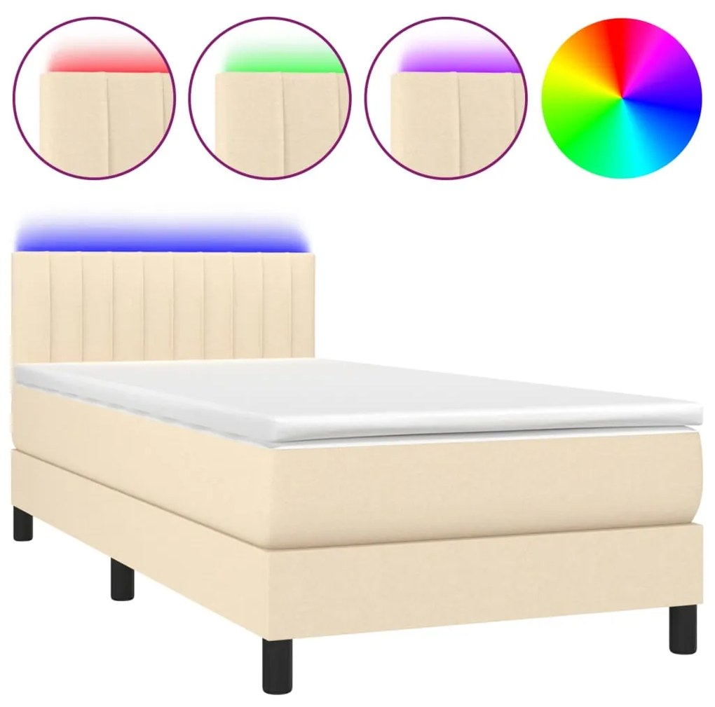 Letto a molle con materasso e led crema 90x190 cm in tessuto