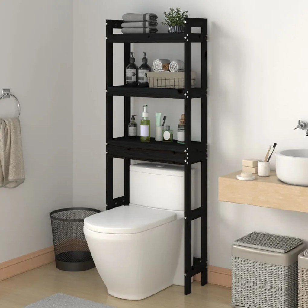 Rastrelliera Da Bagno Nera 63x26x171 Cm Legno Massello Pino /