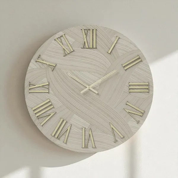 Orologio rotondo D40 cm in legno rivestito con parato e dettagli Oro ADAK