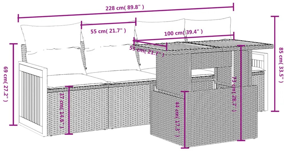 Set divani da giardino 5 pz con cuscini in polyrattan nero