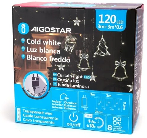 Aigostar - Catena luminosa LED natalizia per esterni 120xLED/6W/230V/8 funzioni 3x0,6m IP44 bianco freddo + telecomando