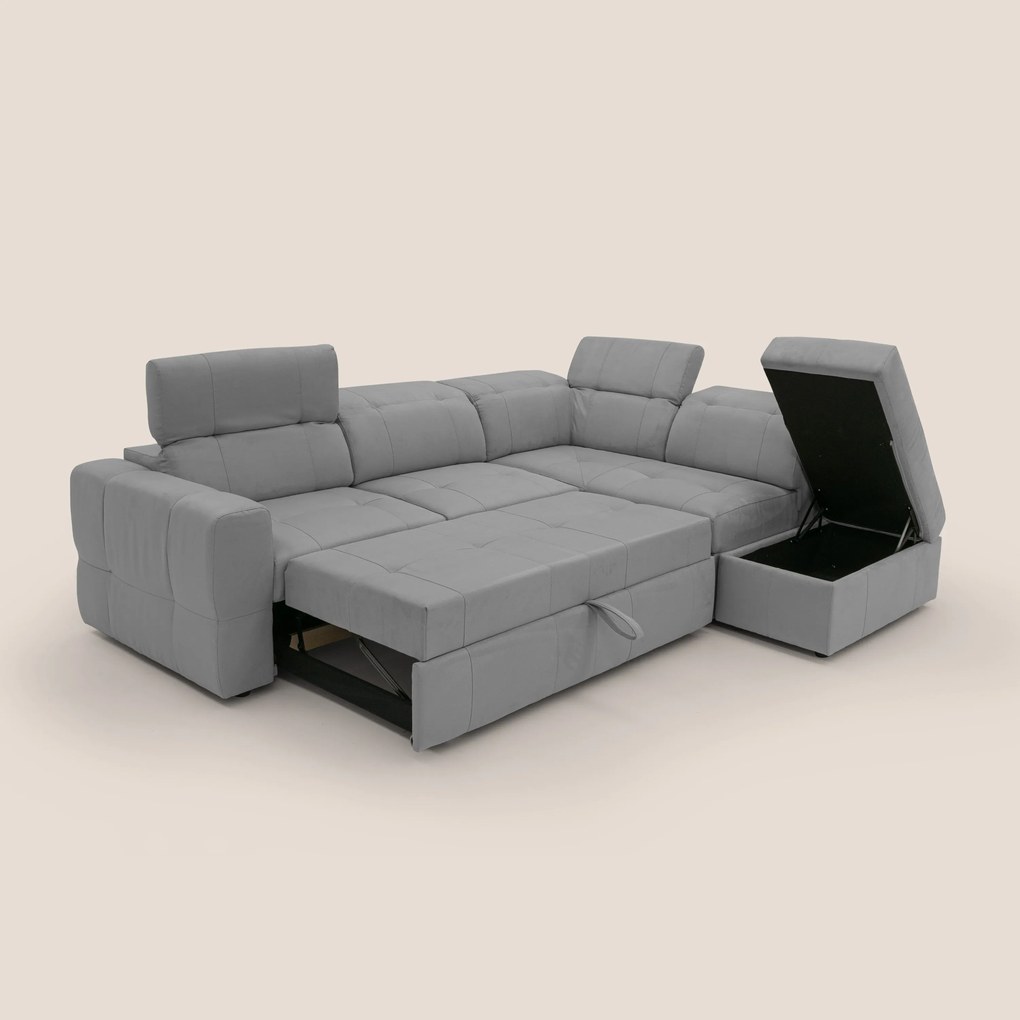 Kronos Divano angolare con poggiapiedi estraibile e pouf contenitore mobile in microfibra impermeabile T11 grigio