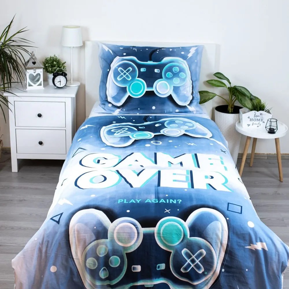 Biancheria da letto per bambini in cotone bianco e blu per letto singolo 140x200 cm Game over - Jerry Fabrics